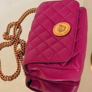 Versace Quilted Fuchsia Crossbody with Gold Chain and Medusa Emblem
